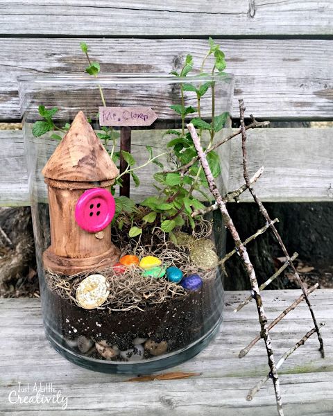 leprechaun terrarium in glass jar with twig ladder going up the side, and rocks painted rainbow colors inside, with a tiny sign reading mr clover