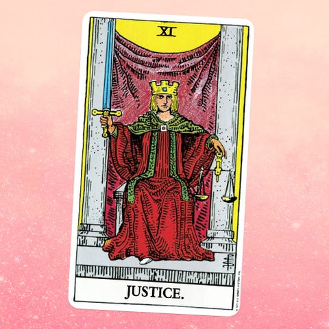 tarot card justice, showing a person wearing a robe and crown, holding a sword, seated on a throne