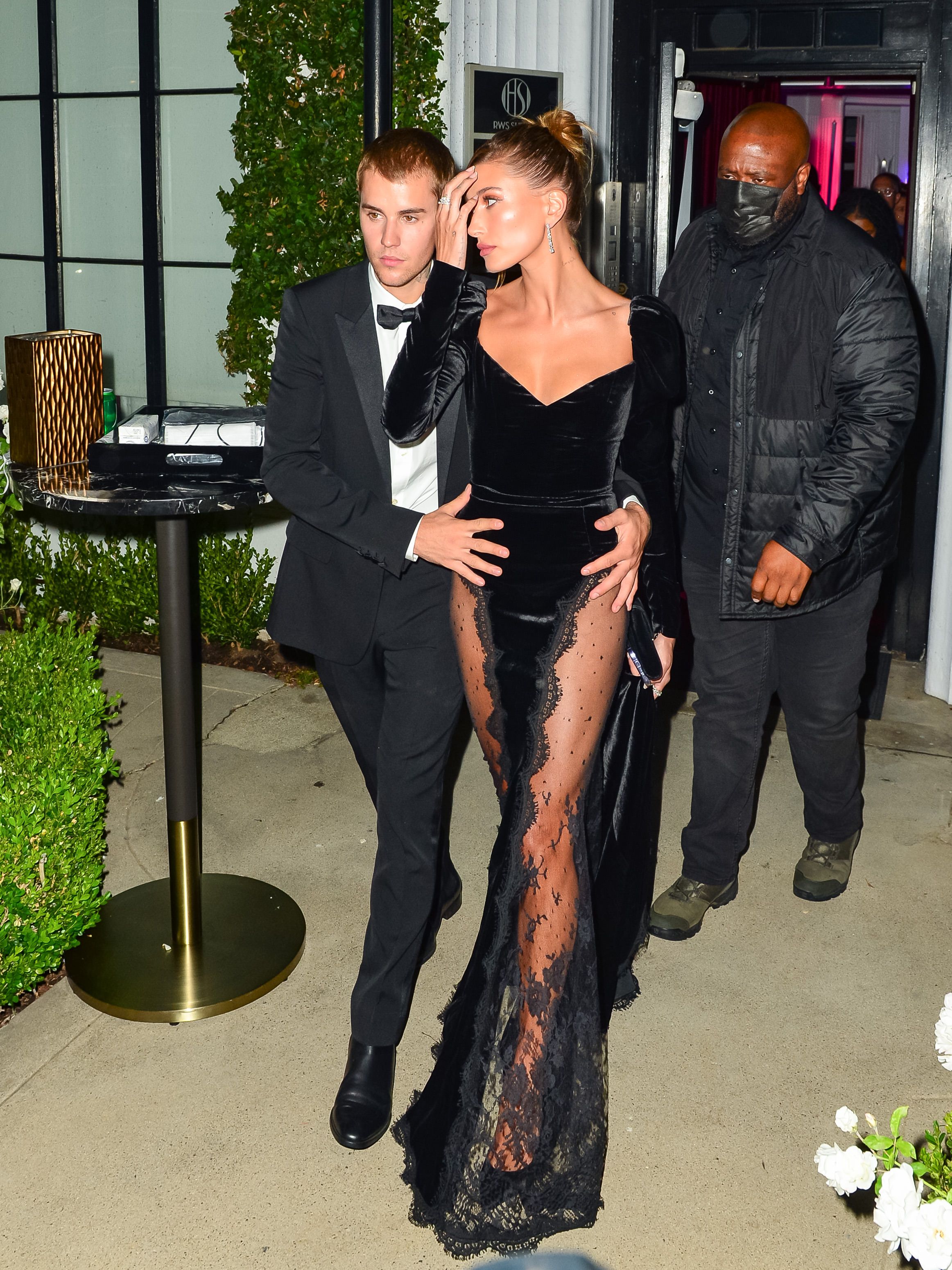Hailey Bieber Wears Thigh-High Leg Slit Dress With Justin for Art Gallery Auction