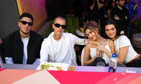 devin booker, justin bieber, hailey bieber, and kendall jenner at the super bowl