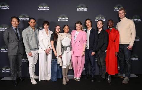 london, england april 07 the cast of the acolyte lr lee jung jae, charlie barnett, rebecca henderson, dafne keen, amandla stenberg, leslye headland, manny jacinto, dean charles chapman, jodie turner smith and joonas suotamo attend the studio panel at star wars celebration 2023 in london at excel on april 07, 2023 in london, england photo by jeff spicergetty images for disney