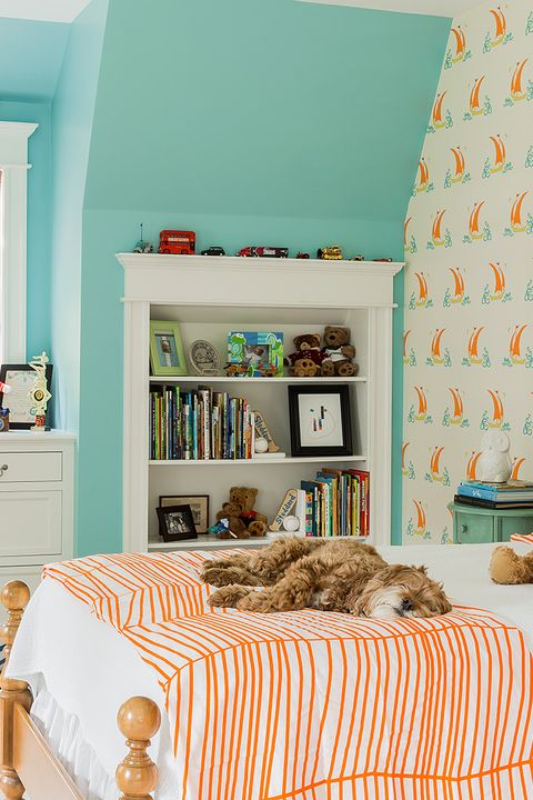 Bedroom, Room, Furniture, Orange, Blue, Wall, Bed, Turquoise, Interior design, Green, 