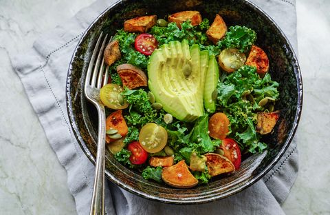 Kale, roasted yams and avocado salad