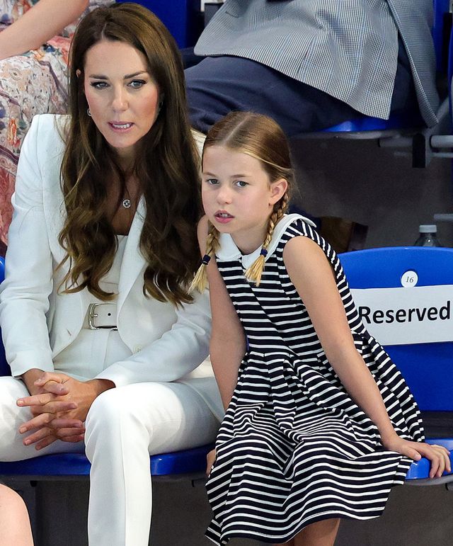 birmingham, england   august 02 catherine, duchess of cambridge and princess charlotte of cambridge attend the sandwell aquatics centre during the 2022 commonwealth games on august 02, 2022 in birmingham, england photo by chris jacksongetty images