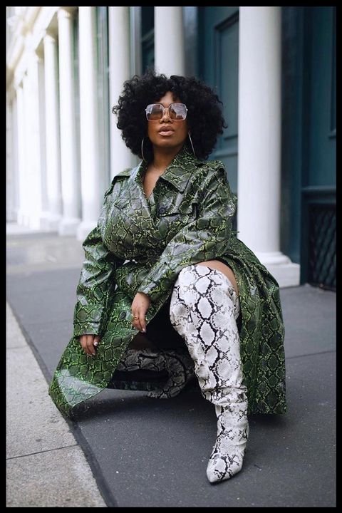kelly augustine wears a pair of extended calf thigh high boots with a snakeskin coat to illustrate a roundup of the best everyday boots according to fashion insiders 2021