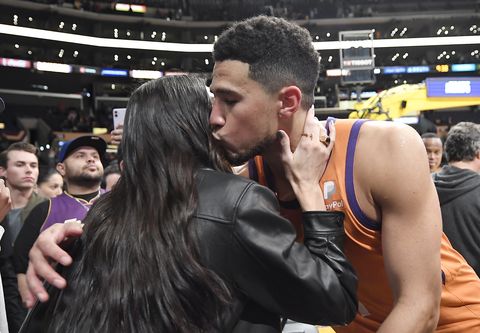 kendall jenner and devin booker hug and kiss after the phoenix suns v los angeles lakers basketball game is over that the sun won in october