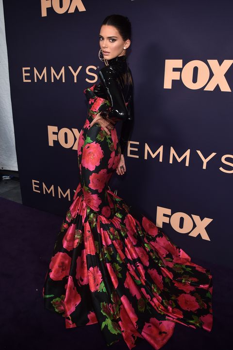 Kendall Jenner Wore Black Latex Floral Dress To Emmys 2019