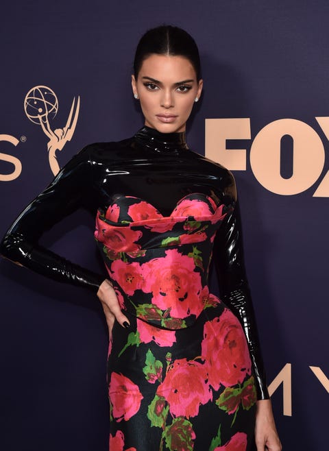 Kendall Jenner Wore Black Latex Floral Dress To Emmys 2019