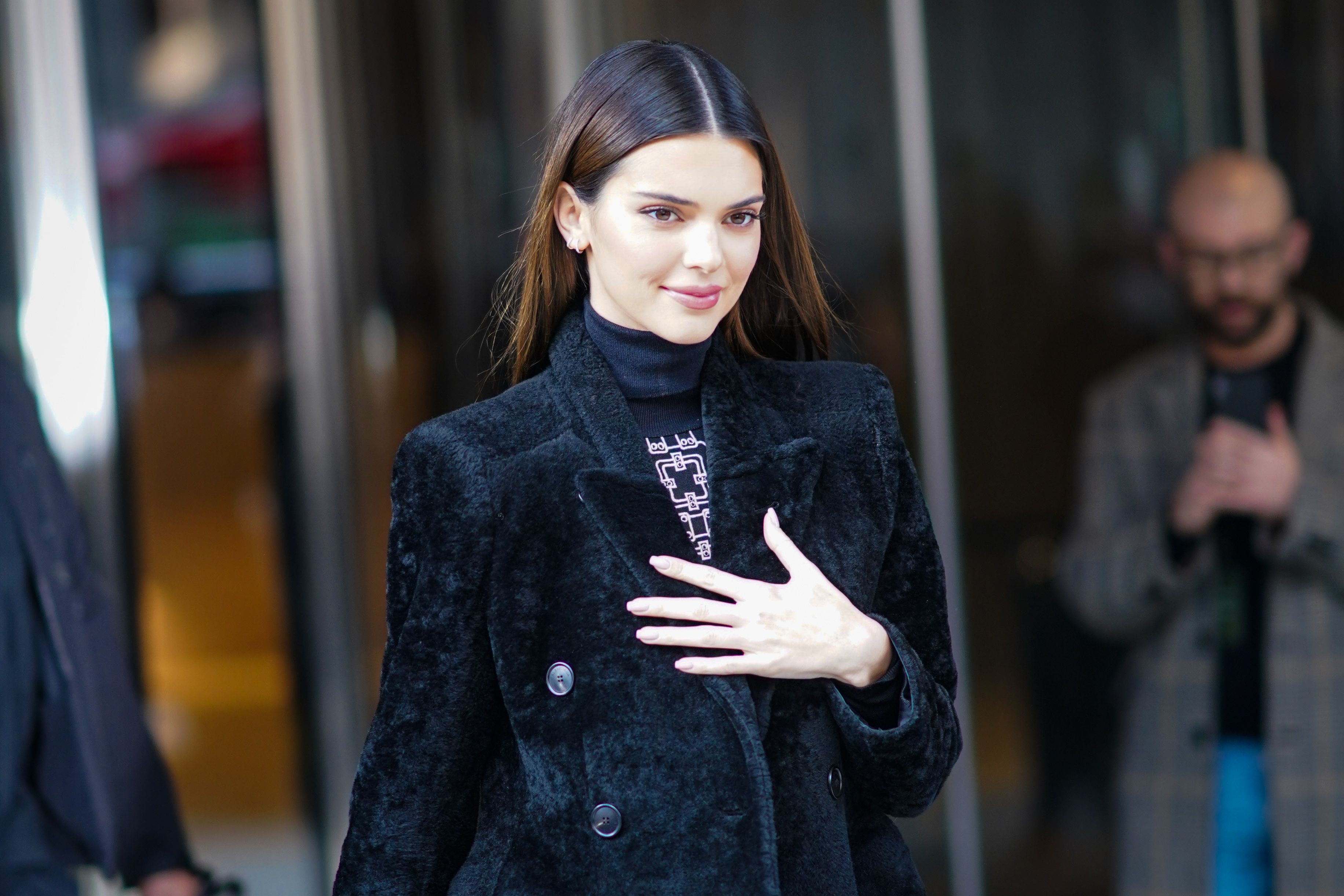 Kendall Jenner  Kendall-jenner-wears-a-turtleneck-pullover-a-black-fluffy-news-photo-1586180515