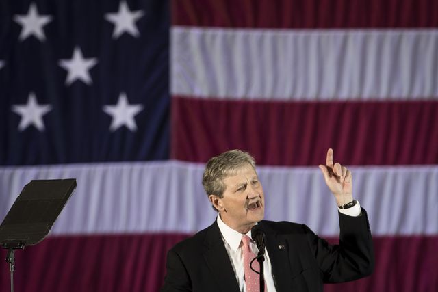 baton rouge, la   december 9 us senate candidate from louisiana john kennedy speaks before president elect donald trump takes the stage at the dow chemical hangar, december 9, 2016 in baton rouge, louisiana trump is in louisiana to campaign for the republican us senate candidate photo by drew angerergetty images
