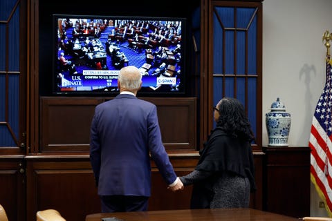 washington, dc   april 07 us president joe biden and judge ketanji brown jackson watch together as the us senate votes to confirm her to be the first black woman to be a justice on the supreme court in the roosevelt room at the white house on april 07, 2022 in washington, dc photo by chip somodevillagetty images