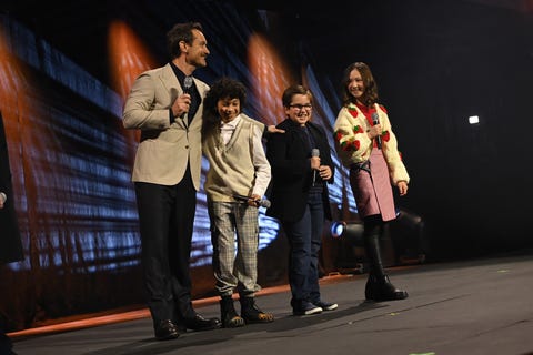 london, england april 07 lr jude law, ravi cabot conyers, robert timothy smith and kyrianna kratter onstage during the studio panel for skeleton crew at the star wars celebration 2023 in london at excel on april 07, 2023 in london, england photo by kate greengetty images for disney