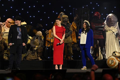 london, england april 07 dave filoni, daisy ridley and sharmeen obaid chinoy onstage during the studio panel at the star wars celebration 2023 in london at excel on april 07, 2023 in london, england photo by kate greengetty images for disney