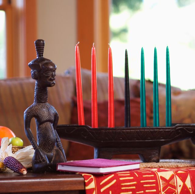 kinara with kwanzaa candles on coffee table