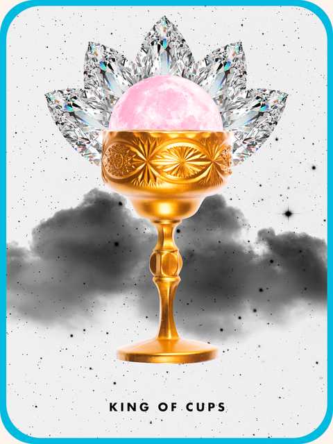 the King of Cups tarot card, showing a golden goblet on a starry background with a full moon and a crown-shaped diamond behind