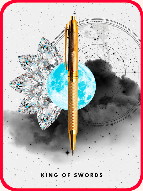 King of Sword Tarot Card Tarot card, king of swords. A golden pen is displayed in front of a collage of star-shaped diamonds, full moons, and circular maps.