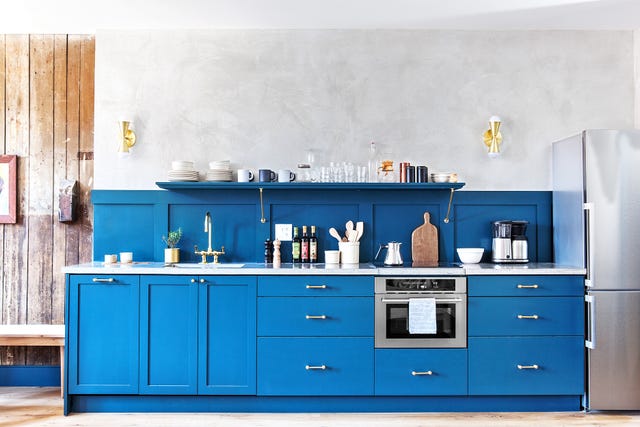 kitchen with blue cabinets