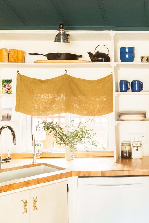 small kitchen with diy curtain