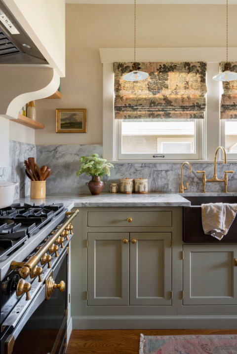 kitchen with patterned shades