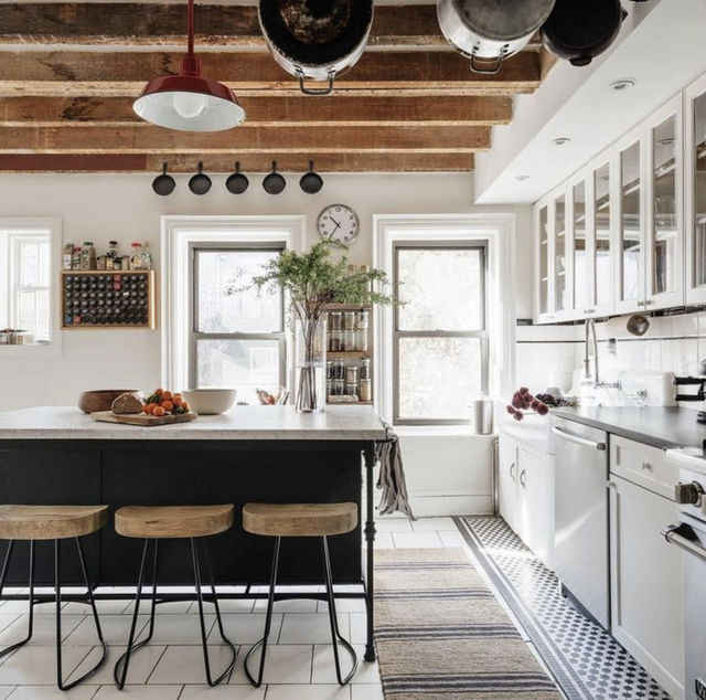 kitchen trends 2022, white kitchen with wood beams