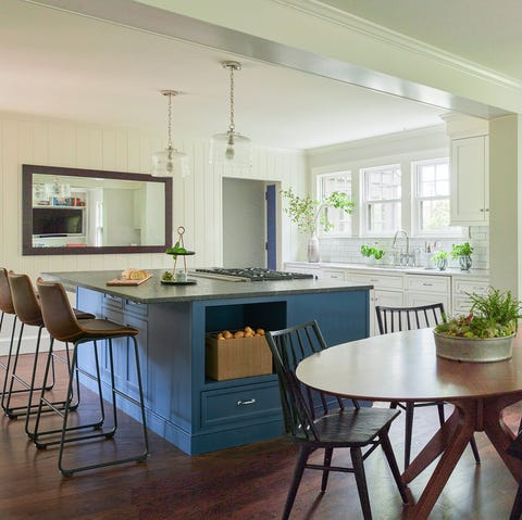 kitchen trends 2022, white kitchen with blue island kitchen trends 2022, white kitchen with blue island