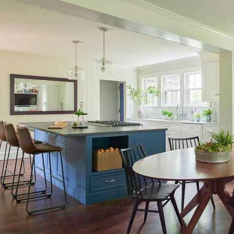 kitchen trends 2022, white kitchen with blue island