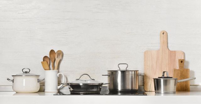 kitchen utensils and stainless steel cookware