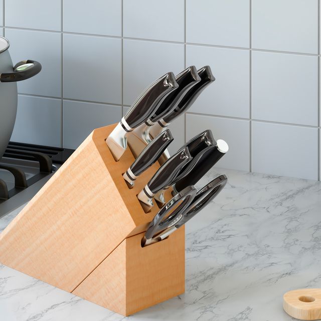 knife block set on marble counter