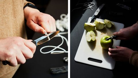 testing pocket knives by cutting rope and apples