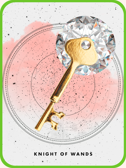 The Knight of Wands tarot card, showing a golden key over a diamond on a circular card