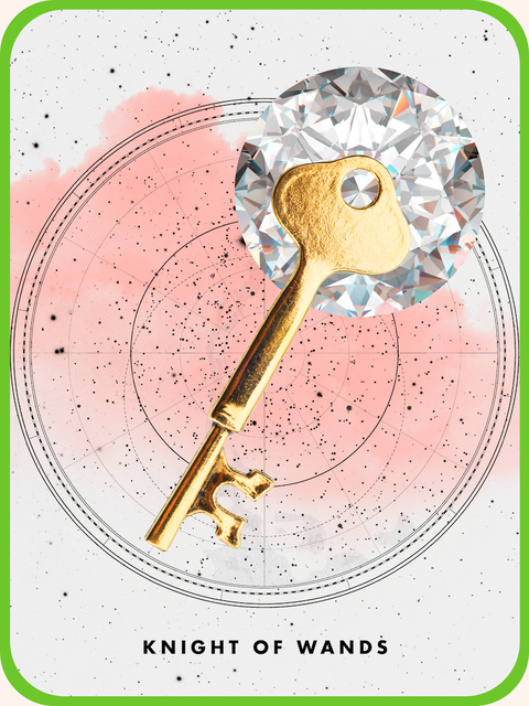 Wand Knight Tarot Card The tarot card is a knight of wands, showing a golden key on a diamond on a circular rmap.