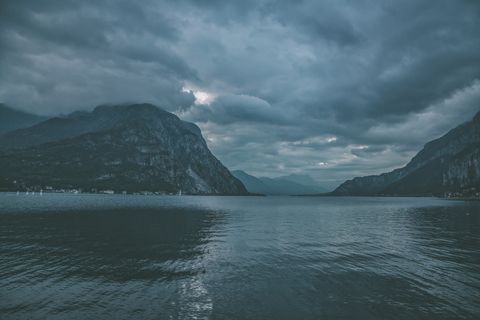 Body of water, Sky, Nature, Highland, Fjord, Water, Sound, Lake, Mountain, Cloud, 