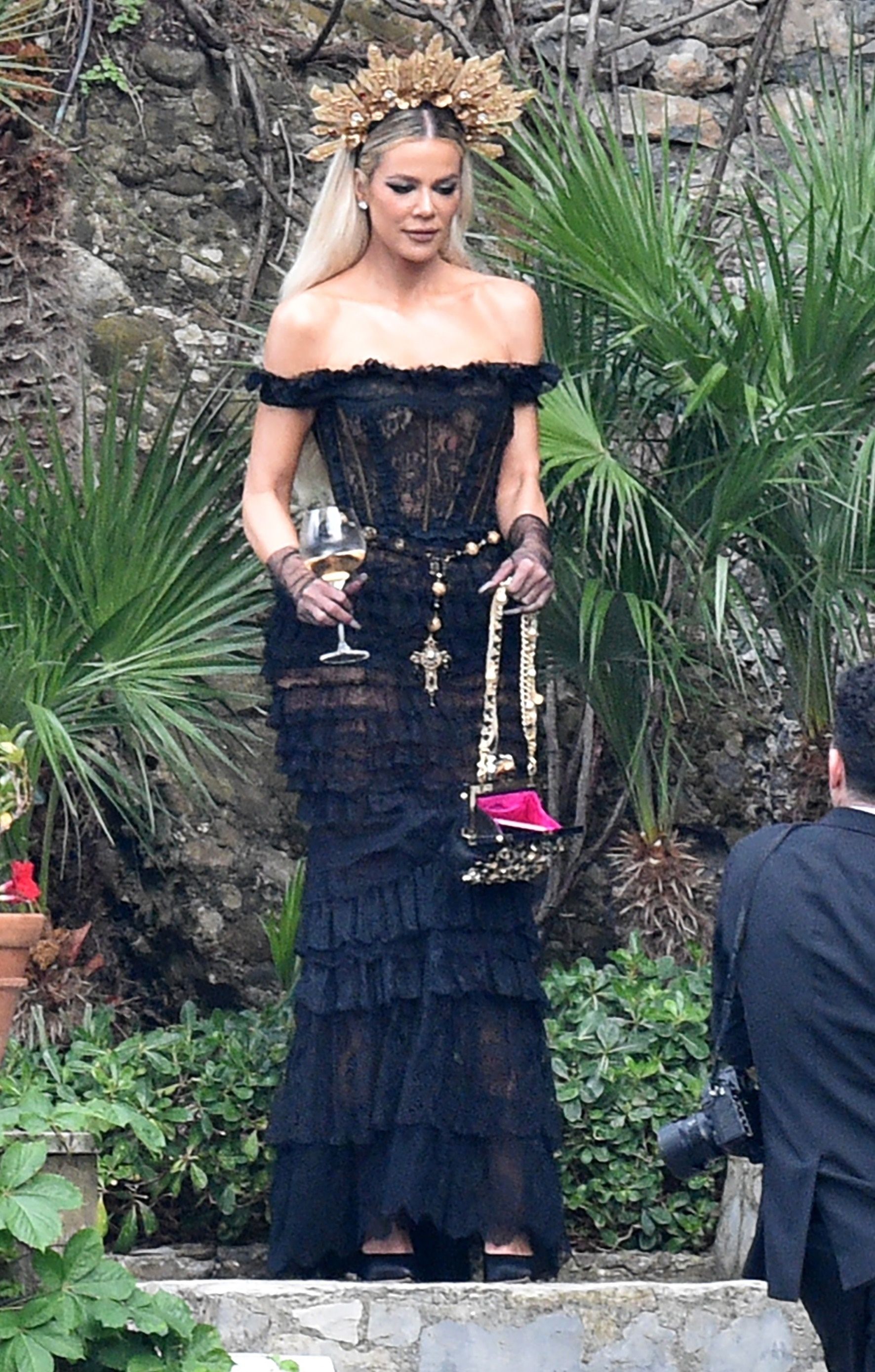 Khloé Kardashian Wore Two Crowns and a Sheer Black Corset Dress to Kourtney's Wedding