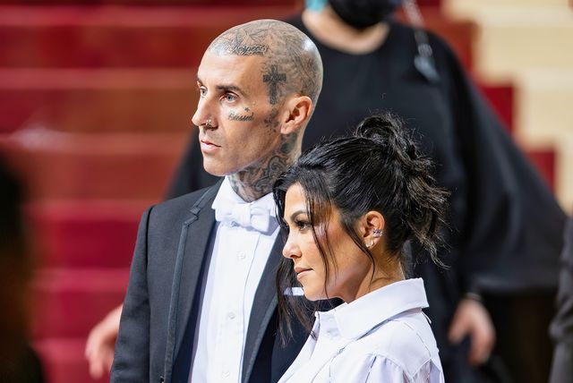 new york, new york   may 02 travis barker and kourtney kardashian arrive to the 2022 met gala celebrating in america an anthology of fashion at the metropolitan museum of art on may 02, 2022 in new york city photo by gilbert carrasquillogc images