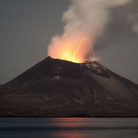 Krakatau Volcano erupting at night - November 2011