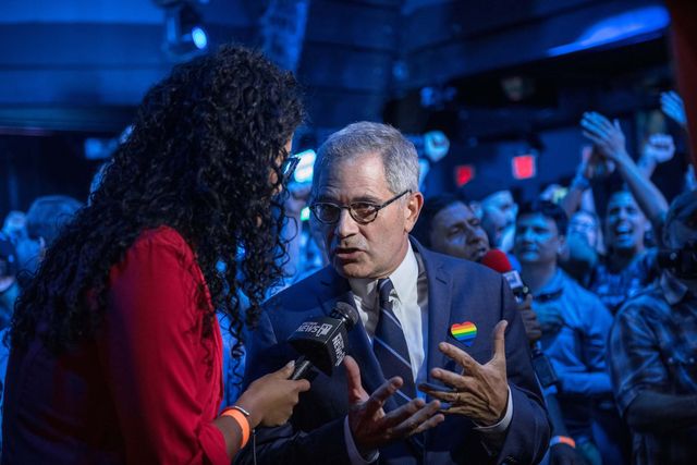 new york, ny   june 25  philadelphia district attorney larry krasner speaks to a reporter at of the election party of public defender tiffany caban moments before she claimed victory in the in the queens district attorney democratic primary election, june 25, 2019 in the queens borough of new york city running on a progressive platform that includes decriminalizing sex work and closing the rikers island jail, caban narrowly defeated queens borough president melinda katz and scored a shocking victory for city's the progressive grassroots network and criminal justice movement photo by scott heinsgetty images