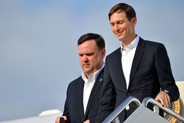 senior advisor to the president jared kushner r and assistant to the president and white house deputy chief of staff for communications dan scavino step off air force one upon arrival at joint base andrews, maryland on june 14, 2020 photo by nicholas kamm  afp photo by nicholas kammafp via getty images