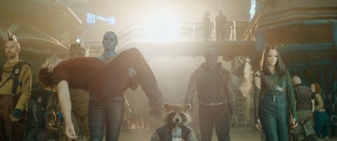 lr sean gunn as kraglin, groot voiced by vin diesel, chris pratt as peter quillstar lord, karen gillan as nebula, rocket voiced by bradley cooper, dave bautista as drax, and pom klementieff as mantis in marvel studios' guardians of the galaxy vol 3 photo courtesy of marvel studios © 2023 marvel