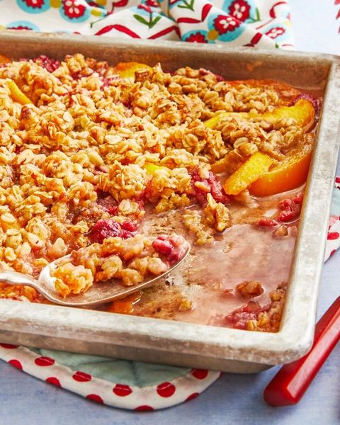 peach raspberry crisp in sheet pan