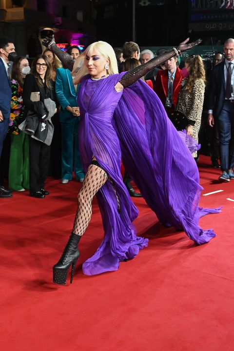 Lady Gaga Wore a Purple Dress and Platform at the 'House of Gucci' Premiere