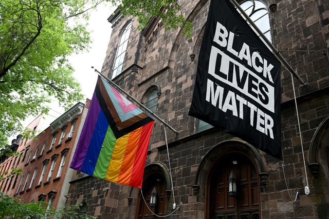 new york, new york   june 13 a progress pride flag and a black lives matter flag are displayed outside a church on june 13, 2021 in the brooklyn borough of new york city on may 19, 2021 new york governor andrew cuomo lifted all coronavirus pandemic restrictions paving the way for most pride month events to resume normally new york city pride weekend will be june 25th 27th photo by alexi rosenfeldgetty images