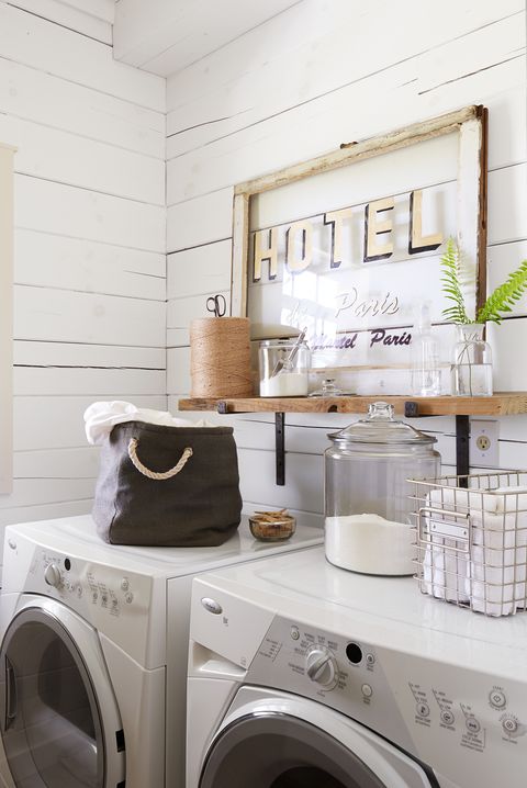laundry room ideas, white laundry room with wood shelf