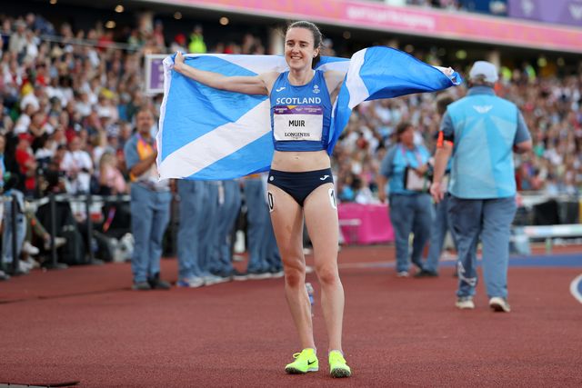 birmingham, england   august 07 laura muir of team scotland celebrates winning the gold medal in the womens 1500m final on day ten of the birmingham 2022 commonwealth games at alexander stadium on august 07, 2022 on the birmingham, england photo by michael steelegetty images