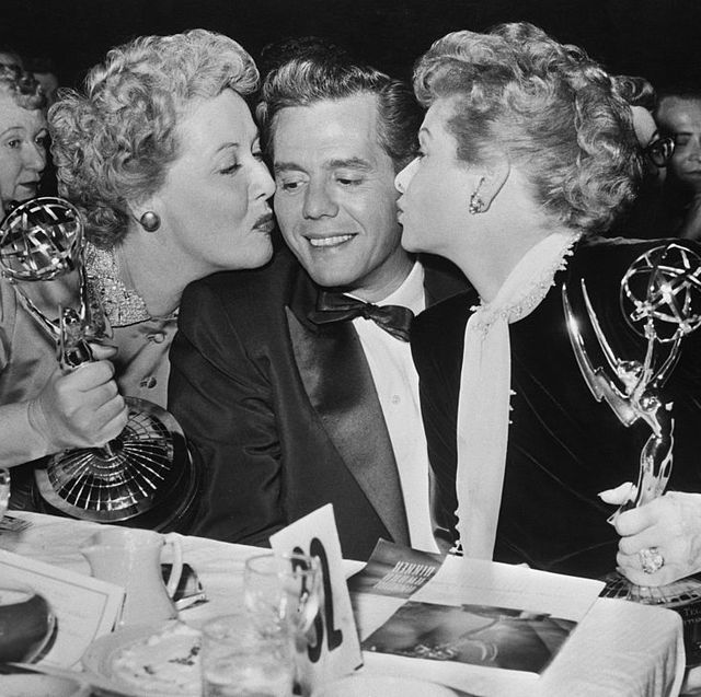 Performer Desi Arnaz Being Kissed by Lucille Ball and Vivian Vance