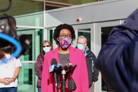 underwood addresses local press after dropping her general election ballot into a ballot drop box