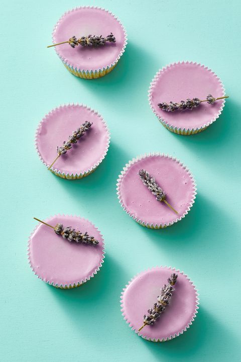 sugared lavender cupcakes for spring on a blue background