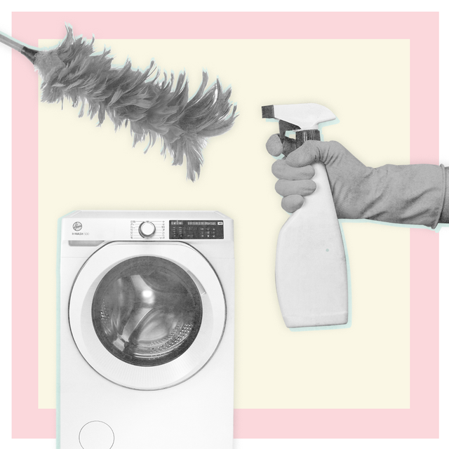 hoover washing machine set against a pink and yellow background