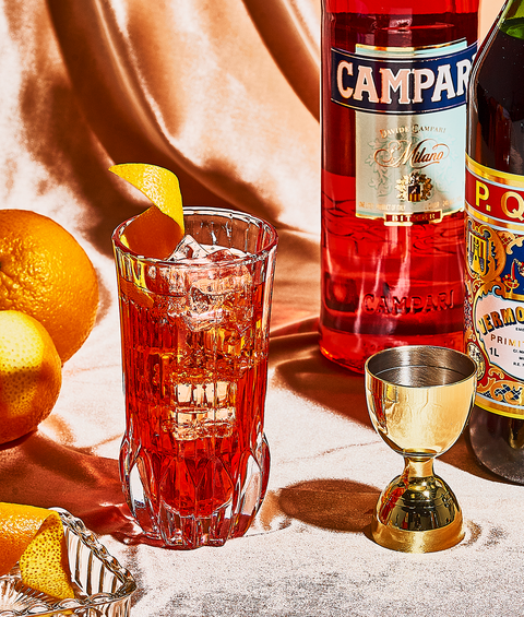 americano cocktail with campari, sweet vermouth, orange twist