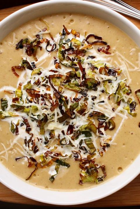 potato leek soup topped with frizzled leeks and parmesan