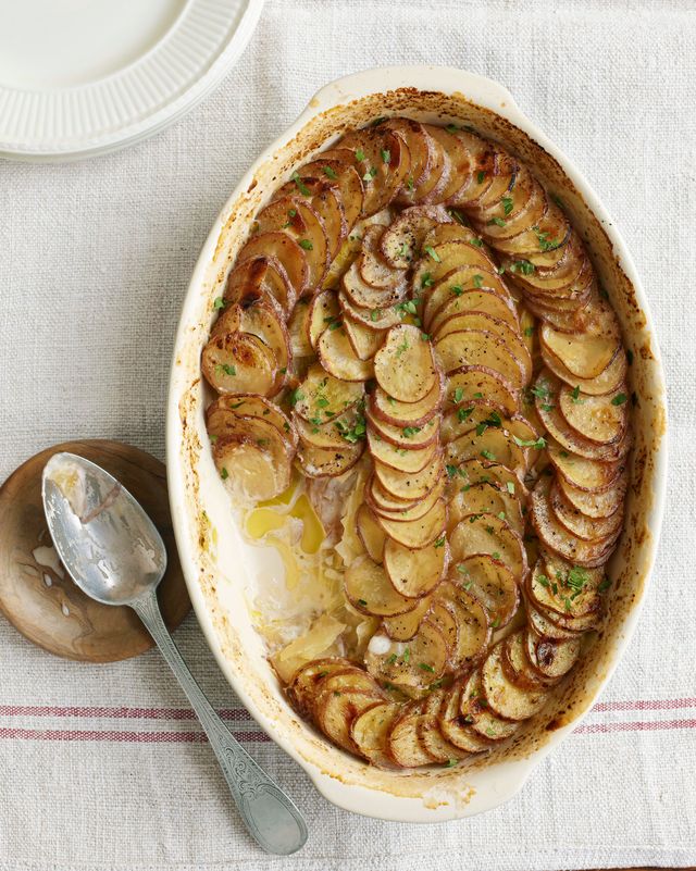 leek and potato gratin in a big serving dish shot from above